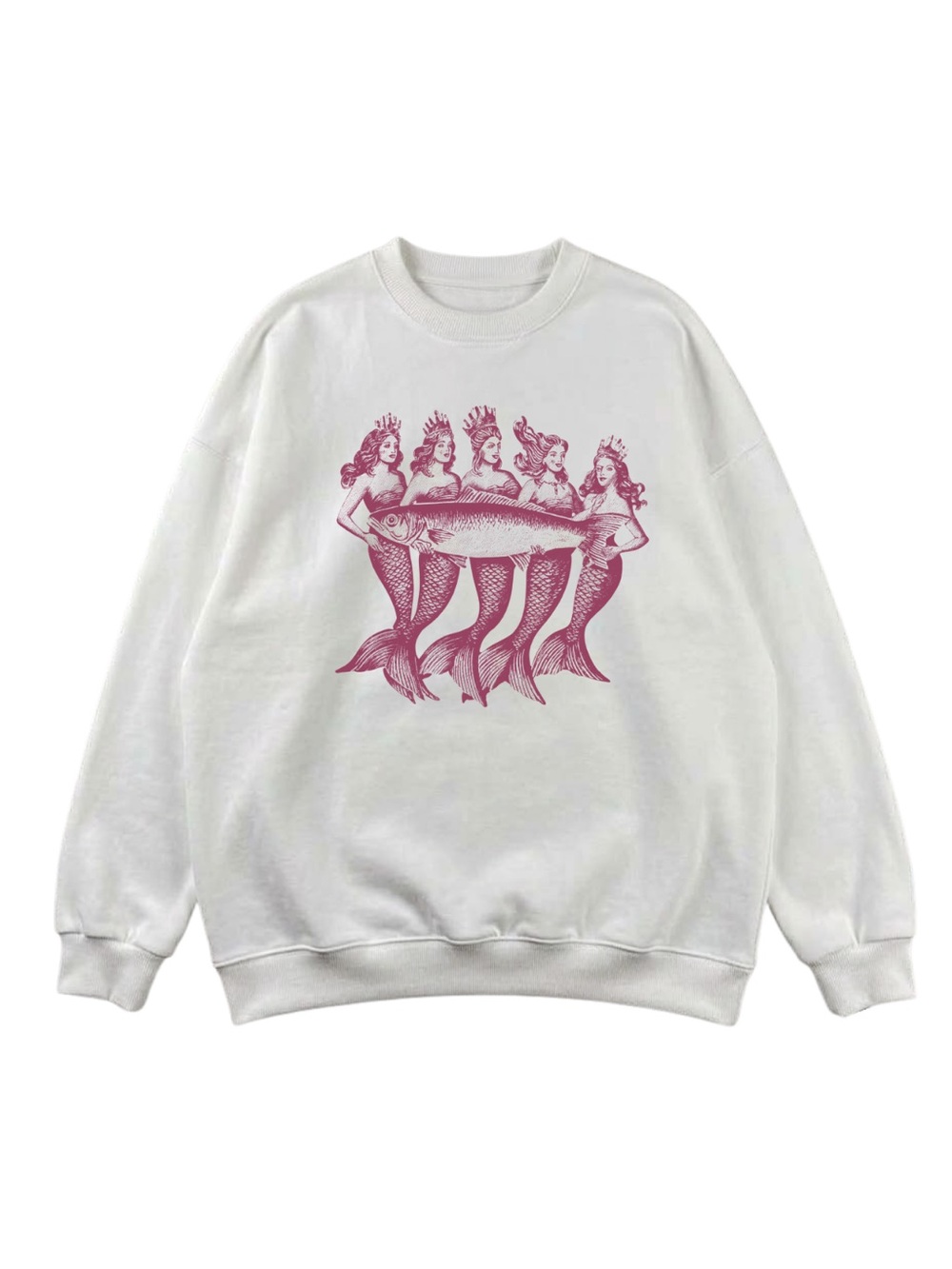Gildan White Crewneck Sweatshirt with Pink Mermaid Graphic